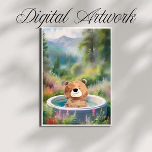 Cute Bear Wall Art, Animal Decor, Bear Landscape Poster, Nature Art, Cute Bear in Jacuzzi Instant Downloadable Wall Art, Landscape Decor