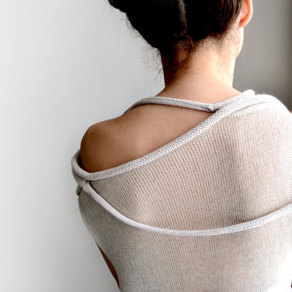 Off  Shoulder Sweater,Light beige transparent sweater, minimalist sweater