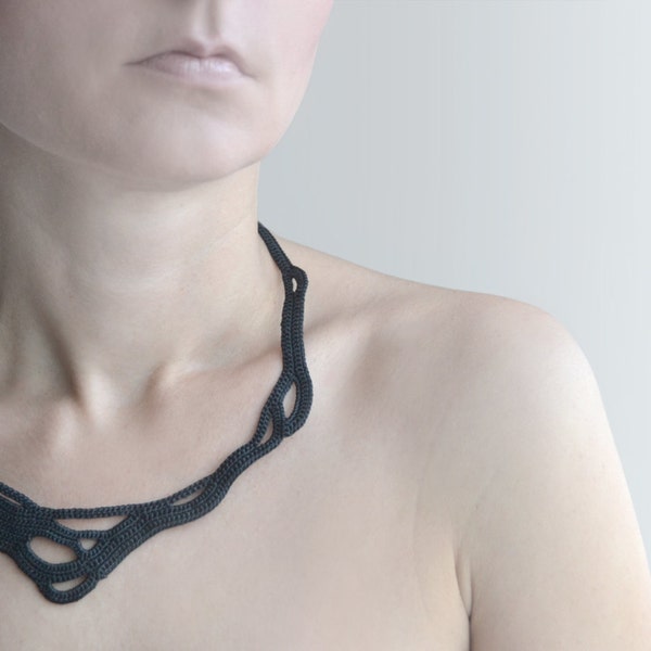 Black crochet necklace - statement jewelry -black necklace, Fiber necklace - Modern crochet necklace