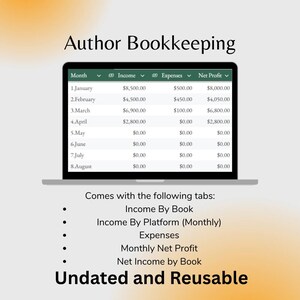 May include: A laptop screen displays an author bookkeeping spreadsheet with income, expenses, and net profit data. The spreadsheet includes monthly financial data. Additional tabs include income by book, platform, expenses, and net profit. The text says "Undated and Reusable."