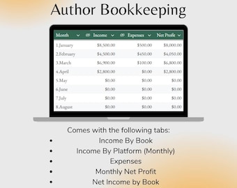 May include: A laptop screen displays an author bookkeeping spreadsheet with income, expenses, and net profit data. The spreadsheet includes monthly financial data. Additional tabs include income by book, platform, expenses, and net profit. The text says "Undated and Reusable."