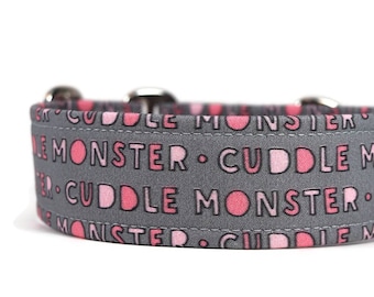 Cuddle Monster in Pink Collar - Custom Dog Collar - Martingale - Pet Accessories - Designer Dog Collar - Cat Collar