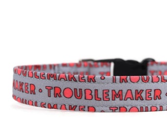 Red Troublemaker on Grey Dog Collar - Custom Dog Collar - Martingale - Pet Accessories - Designer Dog Collar - Cat Collar