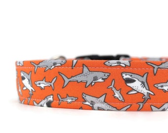 Great White Sharks on Orange Dog Collar - Martingale - Custom Dog Collar - Pet Accessories
