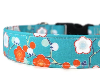 Large Flowers Dog Collar: Blue Floral Print, Custom Pet Collar