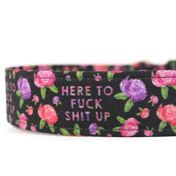 Floral Dog Collar - "F*ck Shit Up" Funny Pet Collar, Martingale or Buckle