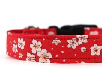 Cherry Blossoms on Red Collar - Martingale - Pet Accessories - Breakaway Cat Collar