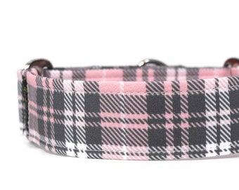 Pink and Gray Plaid Dog Collar - Custom Pet Collar
