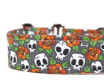Skulls and Orange Roses Dog Collar - Halloween Custom Collar