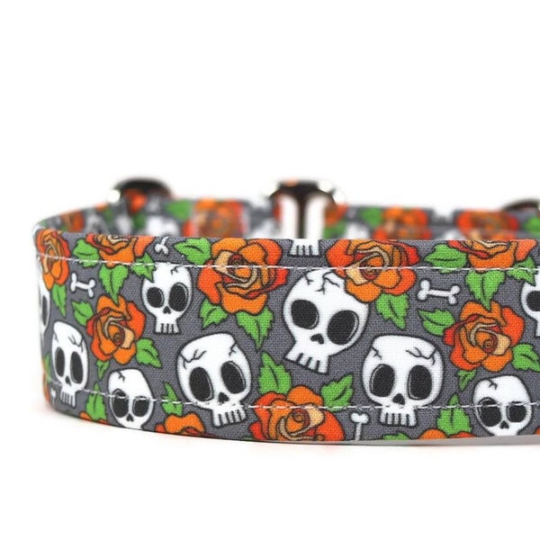 Skulls and Orange Roses Dog Collar - Custom Dog Collar