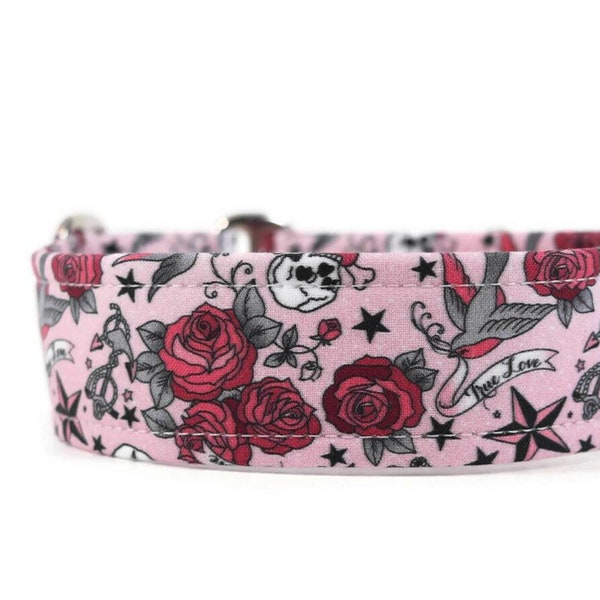 Old School Tattoos on Pink Dog Collar - Custom Dog Collar - Pet Accessories