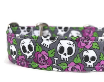 Purple Roses and Skulls Dog Collar - Martingale or Buckle