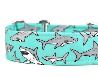 Great White Sharks Dog Collar - Aqua Blue, Martingale or Buckle, Custom Fit