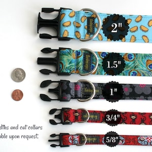 May include: Five dog collars in different widths and patterns, including a blue collar with a taco print, a green collar with a peacock print, a gray collar with a floral print, and two red collars with monkey and skull prints. The collars are shown with their corresponding widths: 2 inches, 1.5 inches, 1 inch, 3/4 inch, and 5/8 inch.