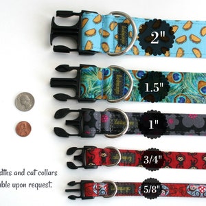May include: Five dog collars in different widths and patterns, including a blue collar with a taco print, a green collar with a peacock print, a gray collar with a floral print, and two red collars with monkey and skull prints. The collars are shown with their corresponding widths: 2 inches, 1.5 inches, 1 inch, 3/4 inch, and 5/8 inch.