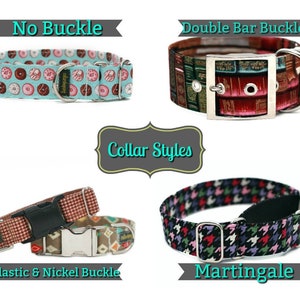 May include: Four different dog collar styles with various buckle options. The collars feature different patterns, including donuts, books, and houndstooth. The text "No Buckle", "Double Bar Buckle", "Plastic & Nickel Buckle", and "Martingale" are displayed below each collar.