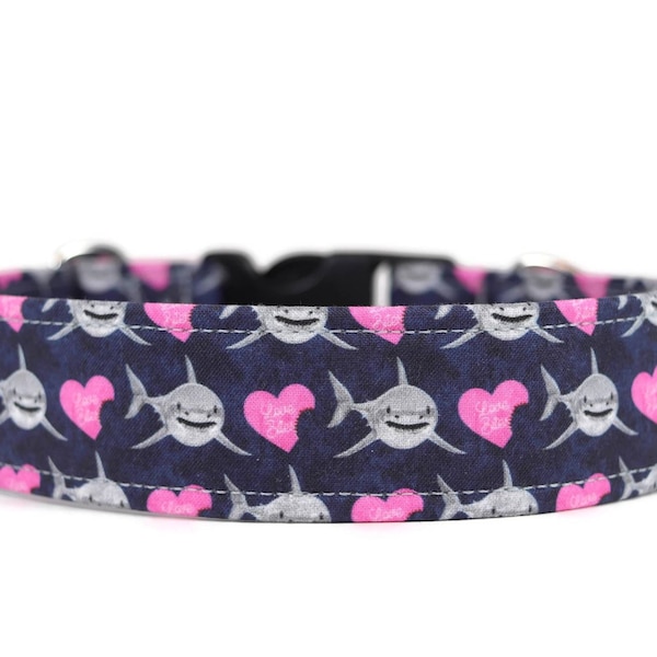 Shark and Hearts on Dark Blue Collar - Custom Dog Collar - Martingale - Pet Accessories