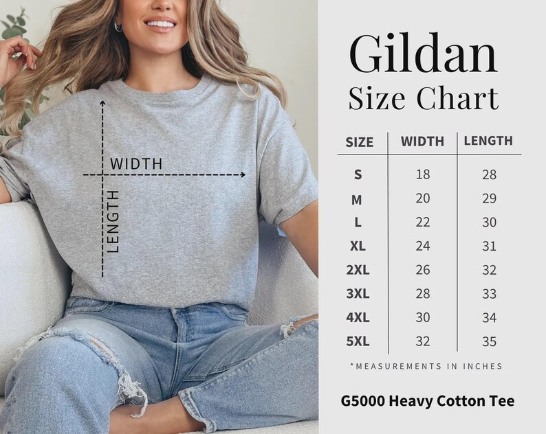 May include: A light gray Gildan G5000 heavy cotton tee shirt. The image includes a size chart with measurements in inches for sizes S through 5XL. The shirt is being modeled by a person wearing blue jeans.