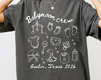 Custom Babymoon Trip Comfort Colors Tshirt Personalized Baby Moon Vacation Crew Shirt New Mom Gift for Expecting Parents Group Matching Tees