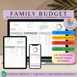 May include: A digital family budget template shown on a laptop, tablet, and smartphone. The template includes sections for bill tracking, savings, debt, and expenses. Text on the image reads "Family Budget" and "Budget by Paycheck | Weekly | Biweekly | Monthly."