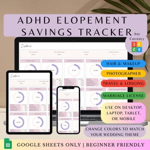 May include: A digital elopement savings tracker displayed on a laptop, tablet, and smartphone. The tracker features a dashboard with progress charts and budget categories like hair & makeup, photographer, and travel. Text includes "ADHD ELOPEMENT SAVINGS TRACKER".