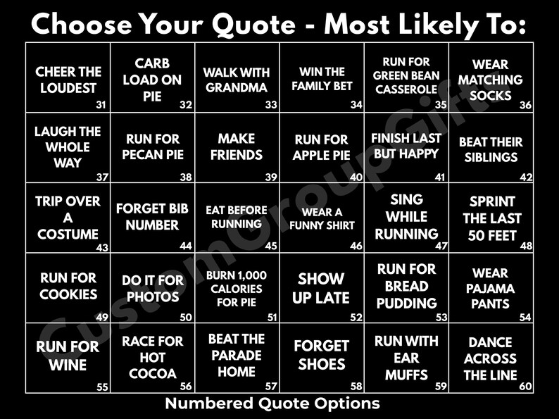 May include: A black grid chart titled Choose Your Quote - Most Likely To: featuring thirty numbered squares with white text phrases like Cheer The Loudest, Carb Load On Pie, Walk With Grandma, Win The Family Bet, and Run For Wine, ending at number 60.