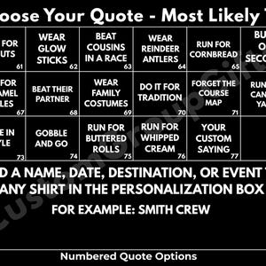 May include: A black chart with white text titled Choose Your Quote - Most Likely To, featuring a grid of numbered phrases like Stop for Donuts, Wear Glow Sticks, and Run for Cornbread. Below, instructions state to add a name, date, or event.