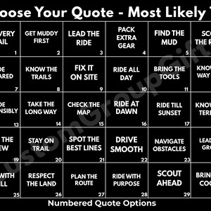 Puede incluir: Gr&aacute;fico en blanco y negro con el texto "Choose Your Quote - Most Likely To:" y opciones numeradas para actividades como "Hit Every Trail," "Find the Mud" y "Bring the Cooler."