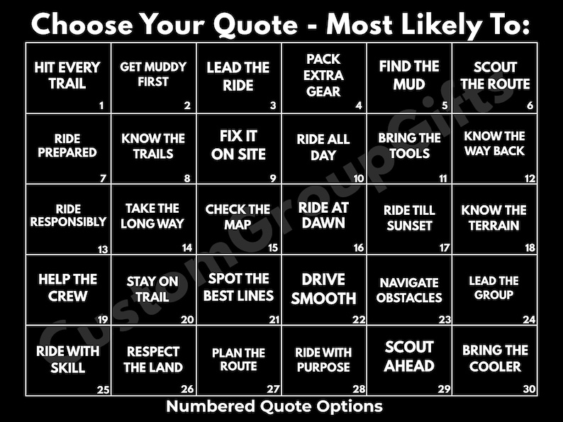 Puede incluir: Gr&aacute;fico en blanco y negro con el texto "Choose Your Quote - Most Likely To:" y opciones numeradas para actividades como "Hit Every Trail," "Find the Mud" y "Bring the Cooler."