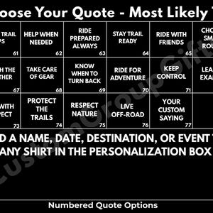 Puede incluir: Gr&aacute;fico negro con texto blanco, que ofrece opciones de citas como "Share Trail Tips" y "Ride with Friends". Incluye opciones numeradas para la personalizaci&oacute;n en camisetas. El texto dice "Choose Your Quote - Most Likely To:"