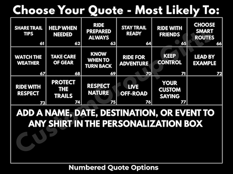 Puede incluir: Gr&aacute;fico negro con texto blanco, que ofrece opciones de citas como "Share Trail Tips" y "Ride with Friends". Incluye opciones numeradas para la personalizaci&oacute;n en camisetas. El texto dice "Choose Your Quote - Most Likely To:"