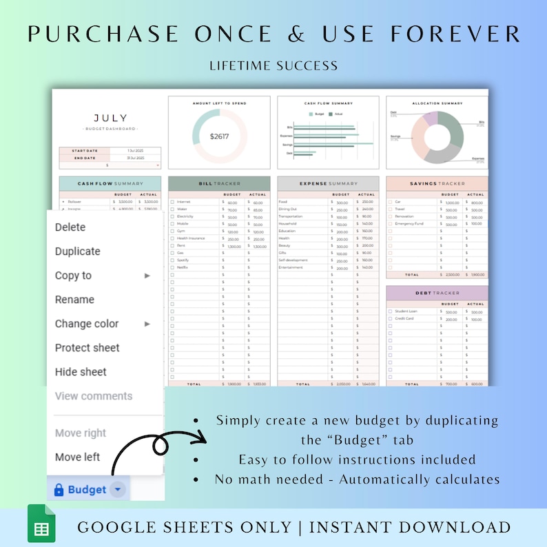 2025 ADHD Adult Digital Budget Planner Google Sheets Monthly Bill Tracker Personal Income Expense  Weekly Paycheck Journal Debt Payoff Tool