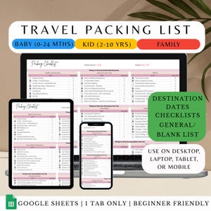Könnte beinhalten: Eine digitale Reise-Packliste, die auf einem Laptop, Tablet und Smartphone angezeigt wird. Die Liste ist in Kategorien für Baby, Kind und Familie unterteilt. Text enthält "Destination Dates Checklists" und "Use on Desktop, Laptop, Tablet, or Mobile."