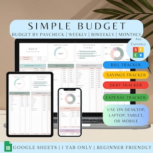 Monthly Budget Simple Bill Tracker Personal Income Expense Google Sheets Digital Weekly Paycheck Planner Biweekly Debt Payoff Template 2025