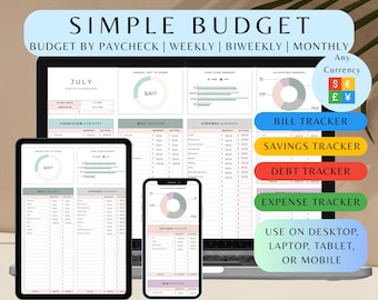 Monthly Budget Simple Bill Tracker Personal Income Expense Google Sheets Digital Weekly Paycheck Planner Biweekly Debt Payoff Template 2025