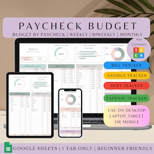 Weekly Paycheck Budget Template Editable Google Sheets Digital Planner Biweekly Debt Payoff Basic Monthly Bill Tracker Income Expense Log