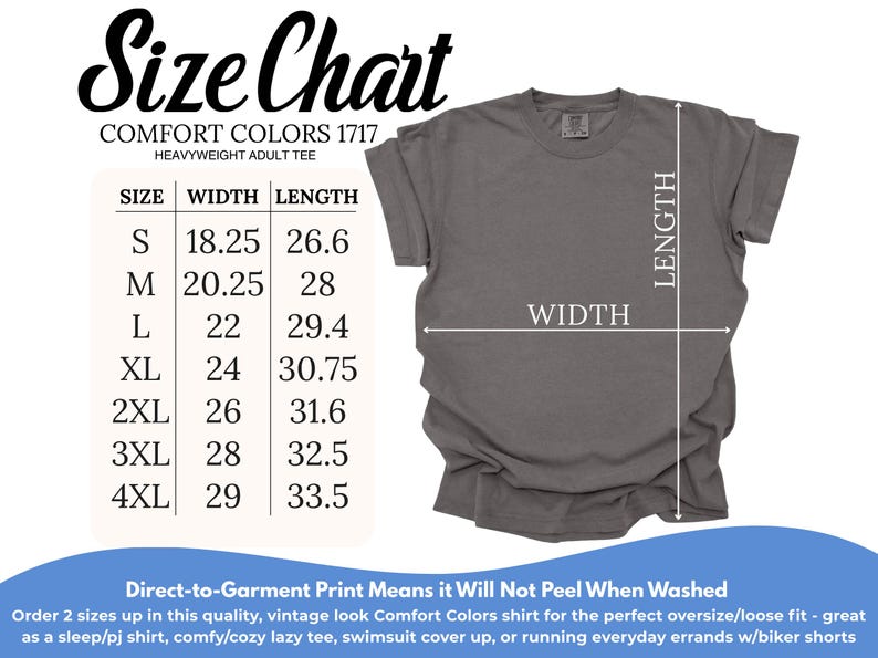 Puede incluir: Una camiseta gris Comfort Colors para adultos con una tabla de tallas. La tabla enumera tallas de la S a la 4XL, con medidas de ancho de 46,35 a 73,66 cm y largos de 67,56 a 85,09 cm. El texto "Size Chart" est&aacute; en la parte superior.