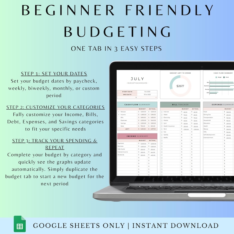 2025 ADHD Adult Digital Budget Planner Google Sheets Monthly Bill Tracker Personal Income Expense  Weekly Paycheck Journal Debt Payoff Tool
