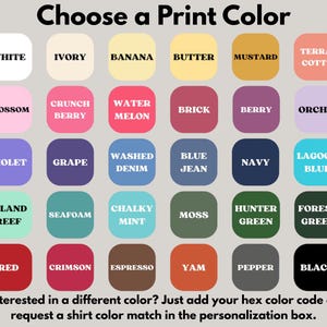 Puede incluir: Una carta de colores con 30 opciones de color de impresi&oacute;n, incluyendo blanco, marfil, pl&aacute;tano y negro. El texto "Elige un color de impresi&oacute;n" est&aacute; en la parte superior. El texto en la parte inferior dice "&iquest;Interesado en un color diferente?"