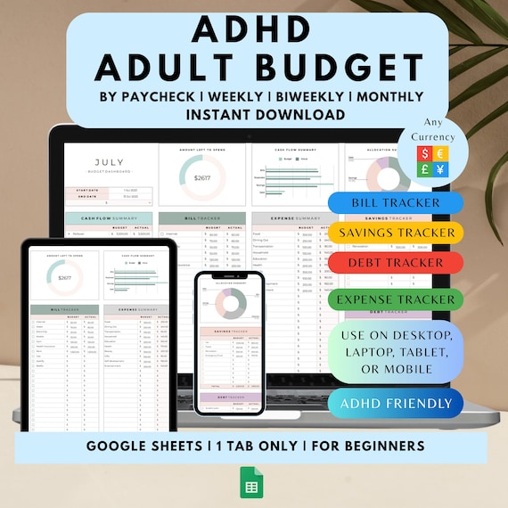 ADHD Adult Digital Budget Planner Google Sheets Monthly Bill Tracker Personal Income Expense  Weekly Paycheck Journal Debt Payoff Tool 2026