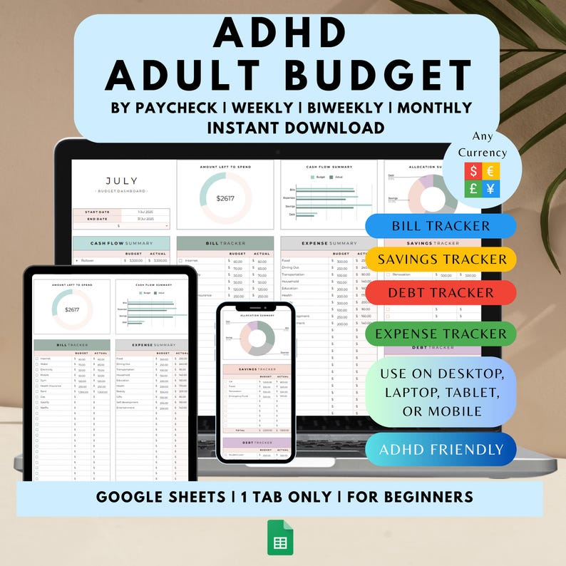 ADHD Adult Digital Budget Planner Google Sheets Monthly Bill Tracker Personal Income Expense Weekly Paycheck Journal Debt Payoff Tool 2026 image 1