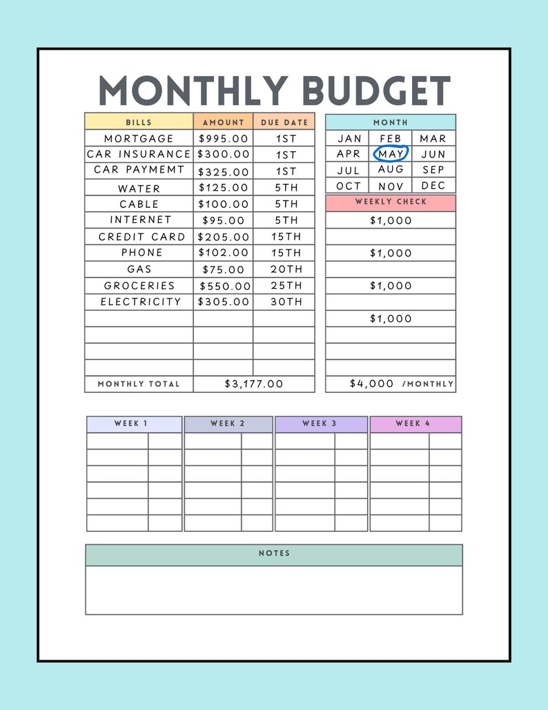 Monthly Check Table Monthly Income Printable Paycheck Budget Tracker Bullet Journal Weekly ...