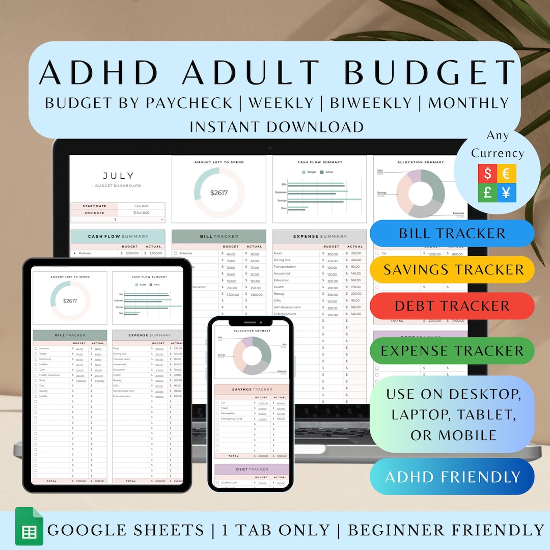 ADHD Adult Digital Budget Planner Google Sheets Monthly Bill Tracker ...