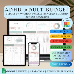 ADHD volwassen digitale budgetplanner Google Spreadsheets Maandelijkse rekeningtracker Persoonlijke inkomsten Uitgaven Wekelijks salarisjournaal Tool voor schuldafbetaling 2025