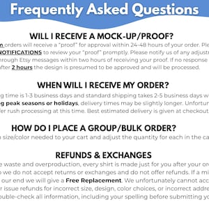 Puede incluir: Fondo blanco con texto negro y una pancarta azul con "Frequently Asked Questions". El texto proporciona informaci&oacute;n sobre maquetas, procesamiento de pedidos, pedidos grupales y reembolsos.