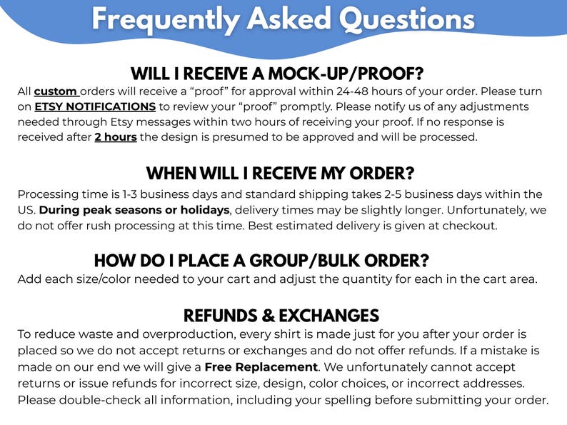 Puede incluir: Fondo blanco con texto negro y una pancarta azul con "Frequently Asked Questions". El texto proporciona informaci&oacute;n sobre maquetas, procesamiento de pedidos, pedidos grupales y reembolsos.