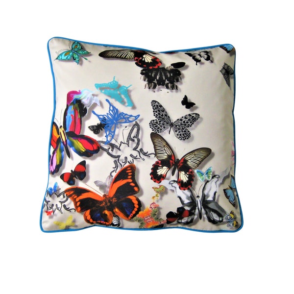 Designers Guild's Christian Lacroix Butterfly Parade, pale light grey, yellow and turquoise cotton throw pillow cover, home decor.
