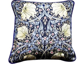 William Morris, Pimpernel, Arts and Crafts, blue, cream and red floral linen cushion cover, throw pillow cover, home decor.