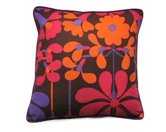 Heals Jyoti Bhomik Florentina, pink, orange and purple 60s cotton barkcloth, cushion cover, throw pillowcover, homeware decor.