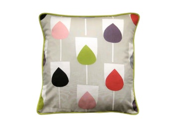 Scion Fabrics "Sula" grey, pink, purple and citrus green cotton, stylised tulips, cushion cover, throw pillow cover, homeware decor.